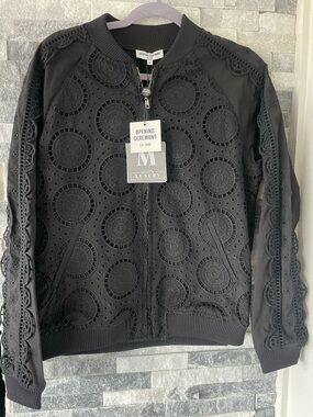 Women OPENING CEREMONY NWT Jacket Black Geometric Lace Bomber Zip Cotton-Medium